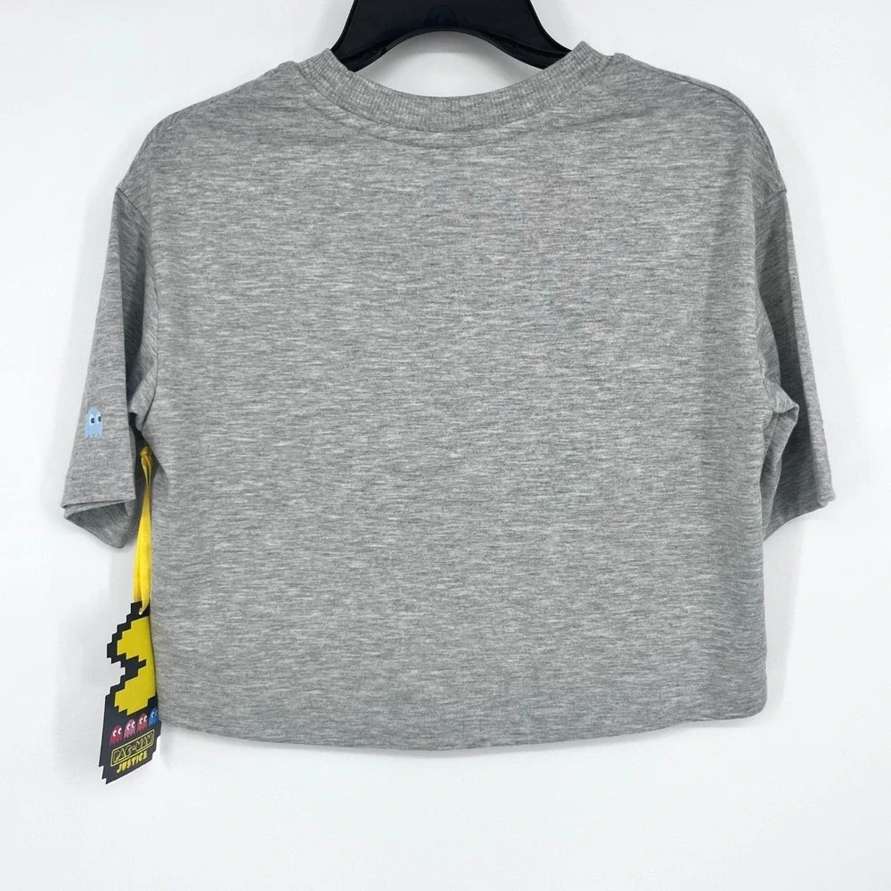 Justice Pac-Man Graphic Tee Girls XS 5/6 Grey‎ Cropped Embroidered Retro Gamer
